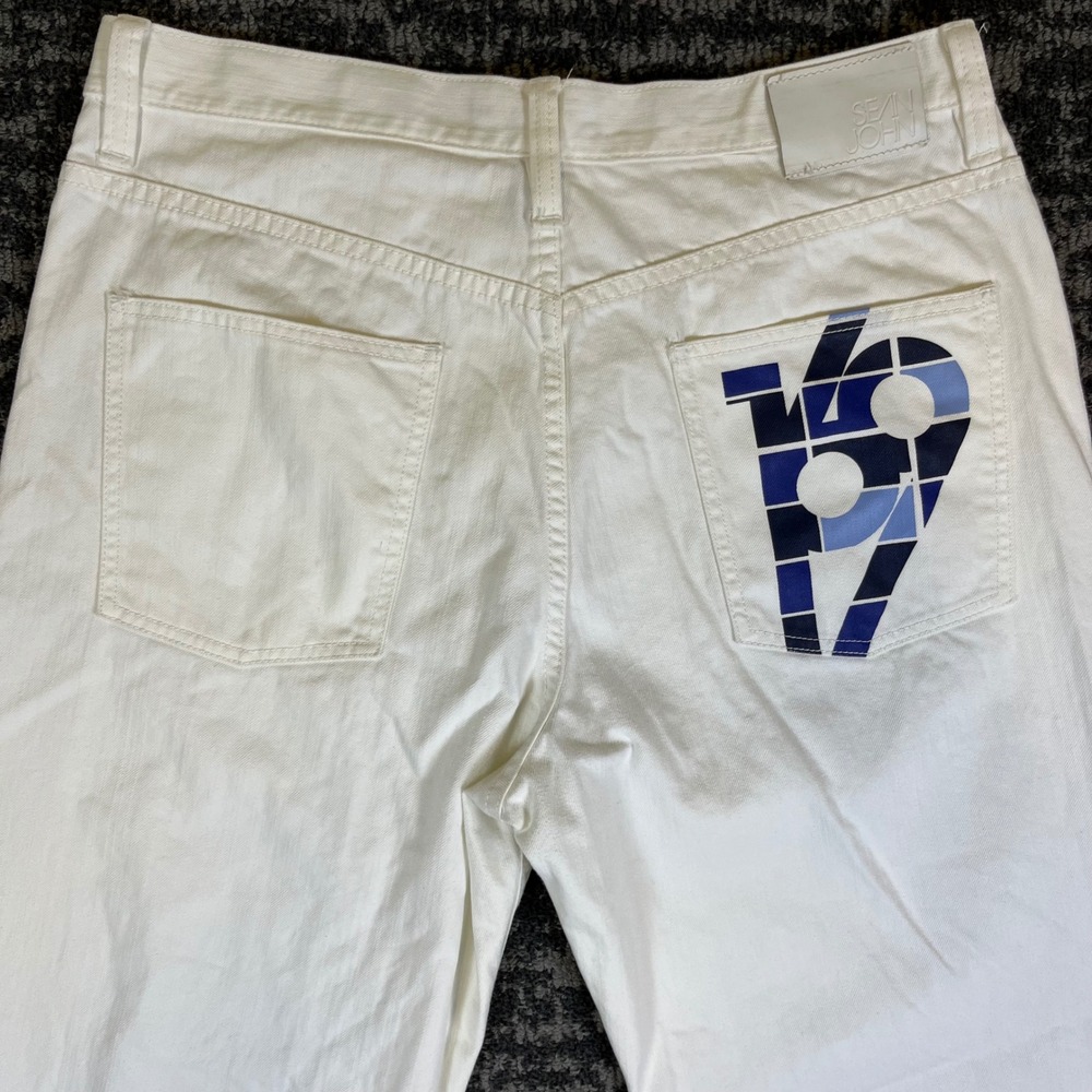 Y2K Sean John Jeans Mens 36 White Baggy Wide Leg 1969 Graphic Back Pocket Denim - Picture 4 of 10